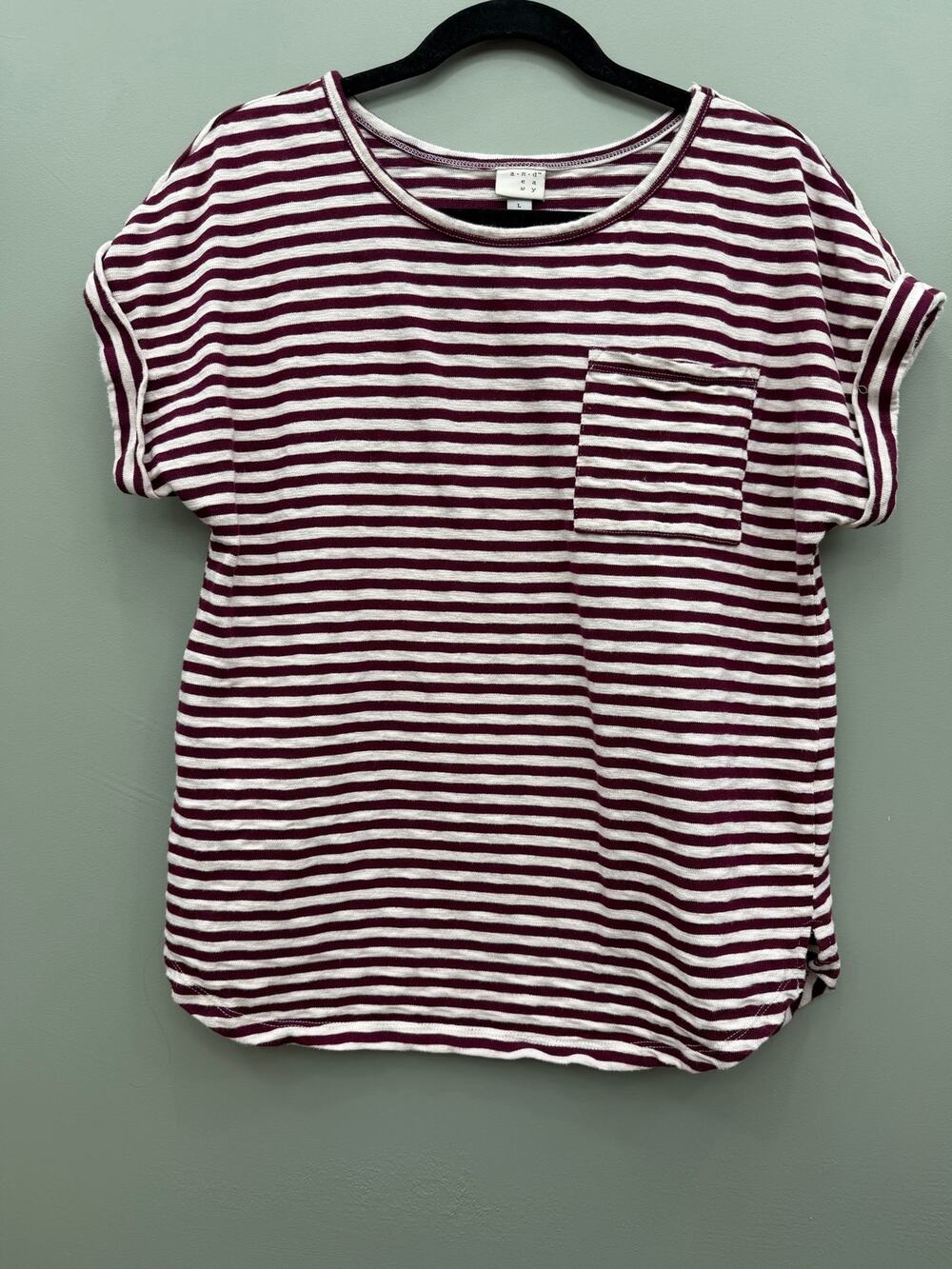 A New Day Striped Pocket Tee L Burgundy Cream 100% Cotton Cuffed Sleeve